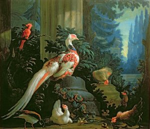 白いキジ、風景の中の赤い枢機卿と家禽 作： Abraham Bisschop